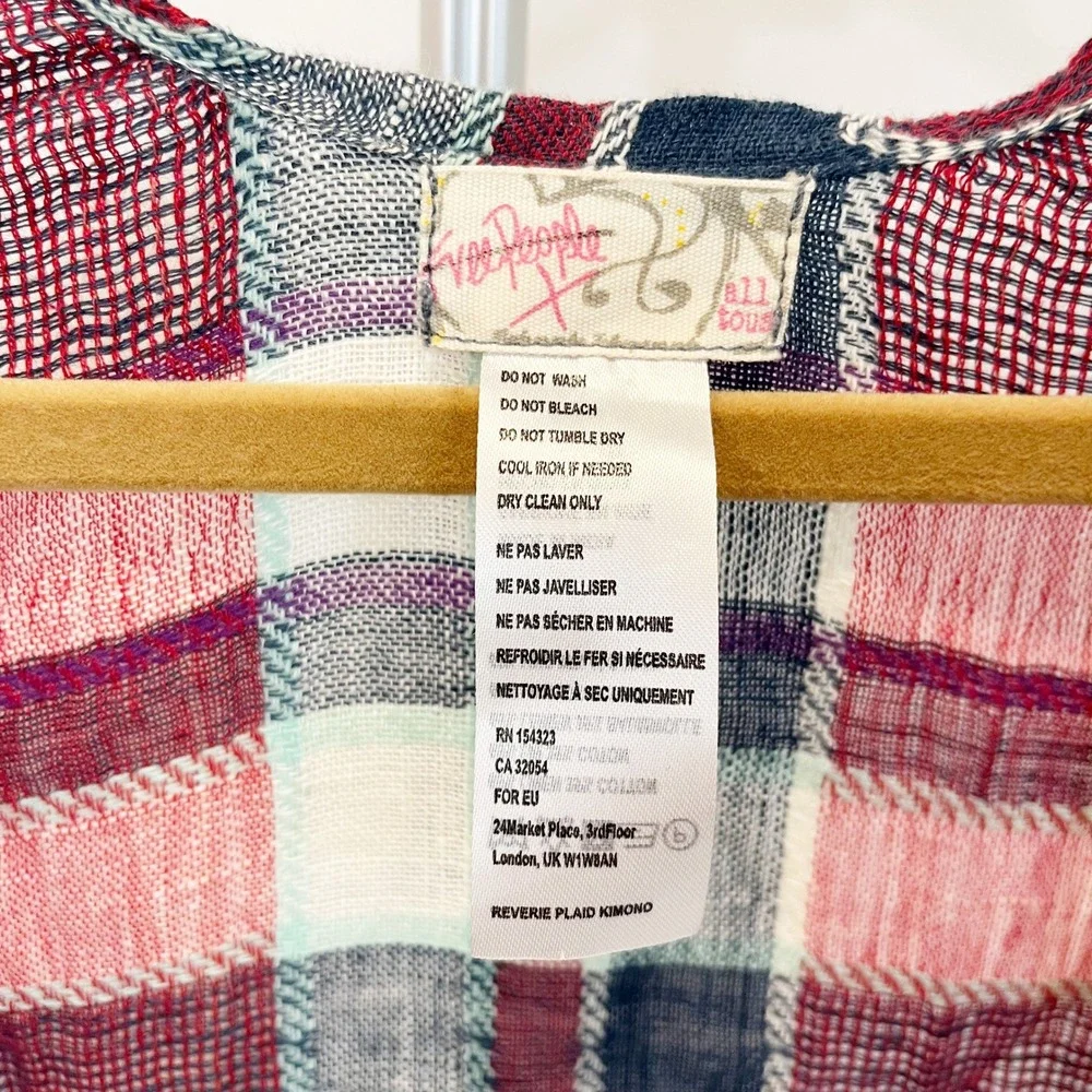 Free People‎ Reverie Plaid Kimono Red Linen Cotton Fringe Wrap Boho Western OS
